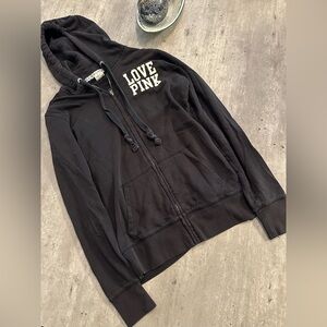 Vintage PINK Victoria's Secret Black Hoodie with White Logo Full Zip Size XS